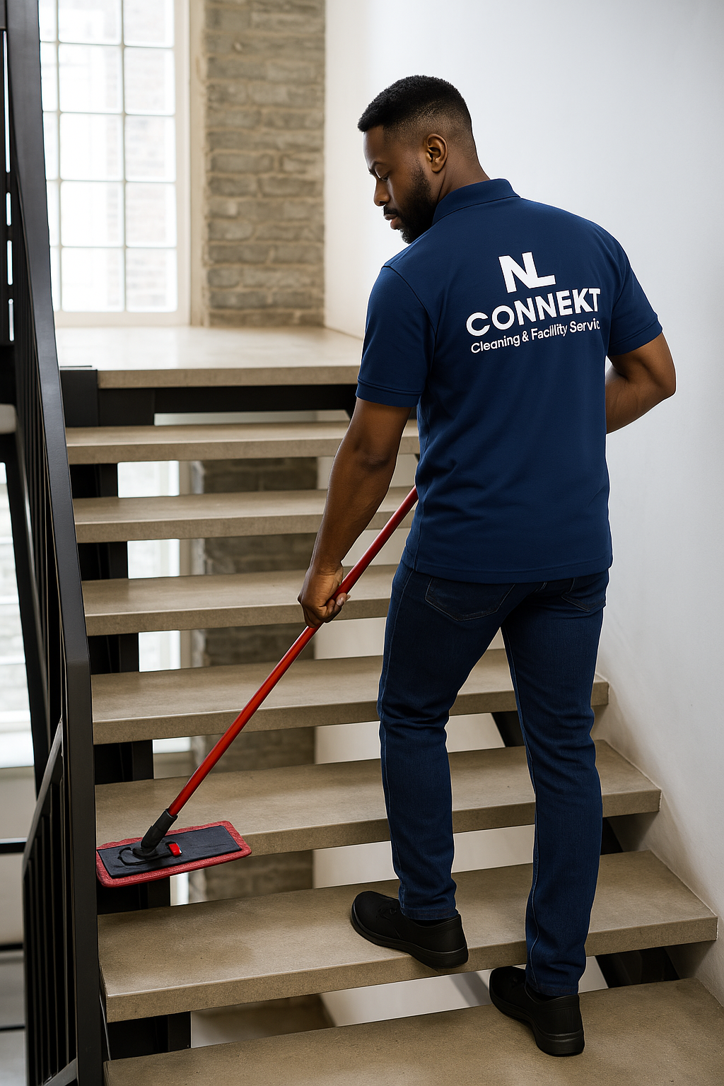 Schoonmaker van NLconnekt in het trappenhuis aan het werk
