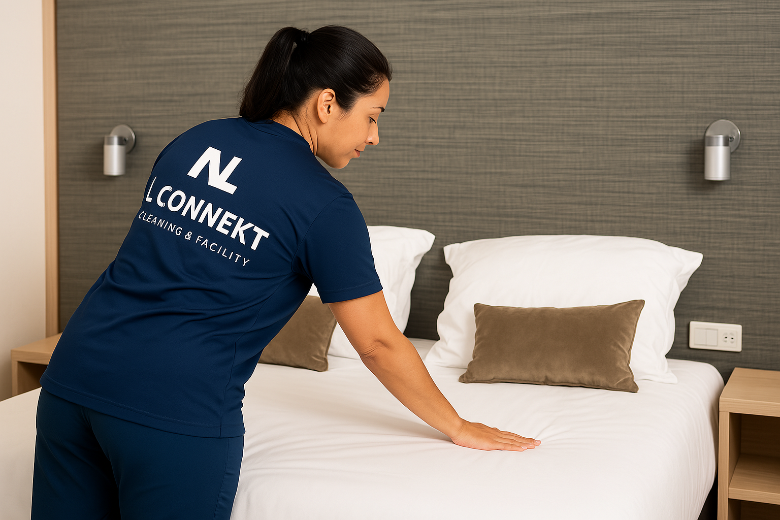 Schoonmaker van NLconnekt in een hotelkamer de bedden aan het opmaken